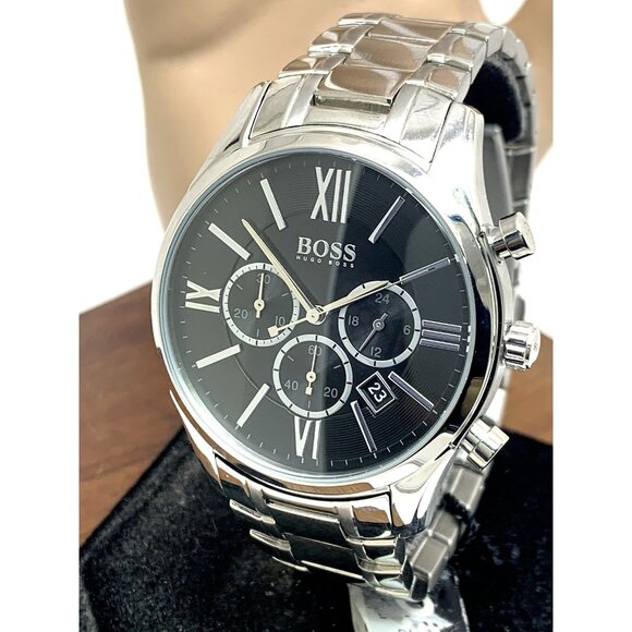 Hugo Boss Men's Watch 1513196 Quartz Chronograph Black Gray Dial Silver 43mm